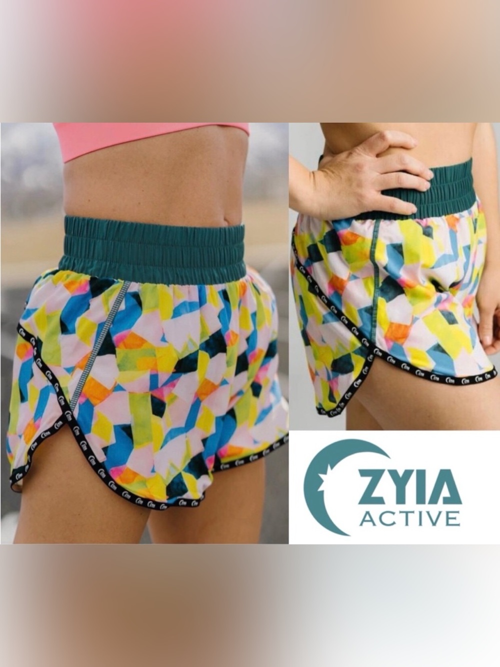 Zyia Active Lemon and Pine Sprinter Shorts Colorful Athletic Lined Medium